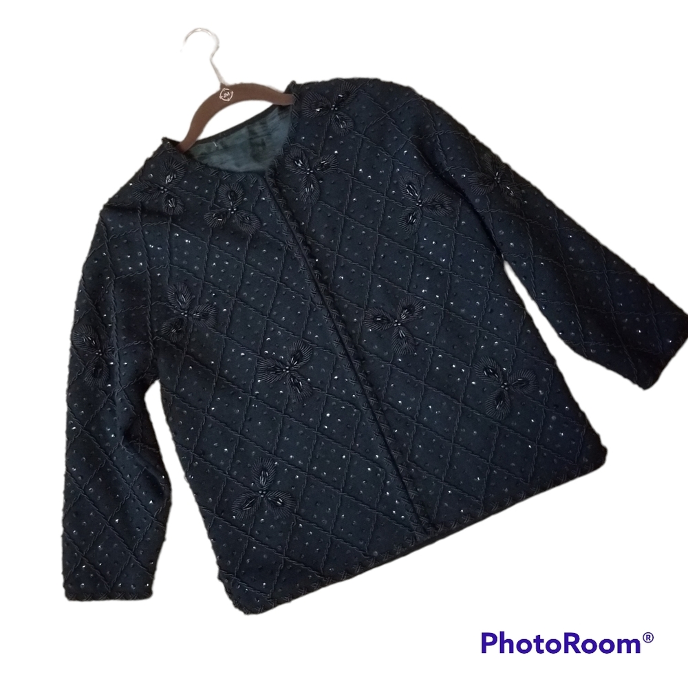 Vintage Black Beaded Sequenced Long Sleeve Evening Jacket Blazer. Women's *ML*
